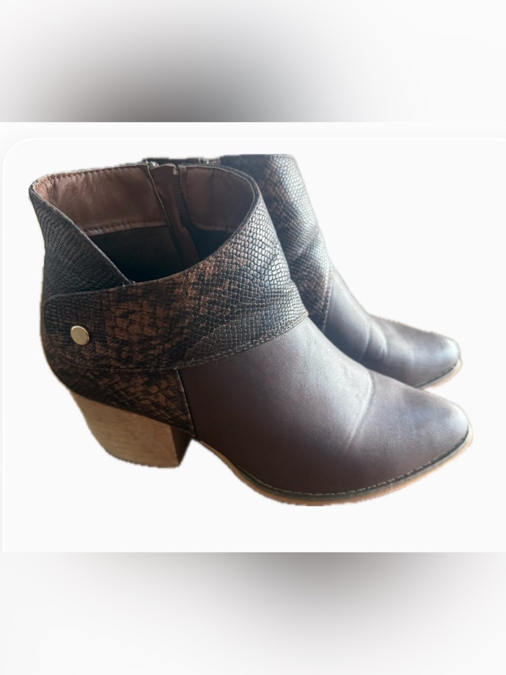 Women's Tinstree Brown Faux-Leather Ankle Booties with Snake-Print Collar